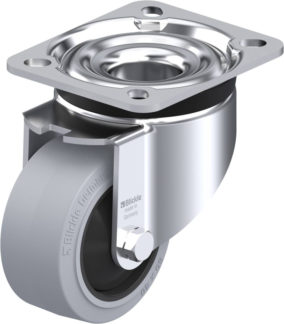 Schwenkrolle mit Kunststoffrad und Metallgehäuse; geeignet für Möbel- und Gerätebau; robuste Ausführung für leichten Transport.
