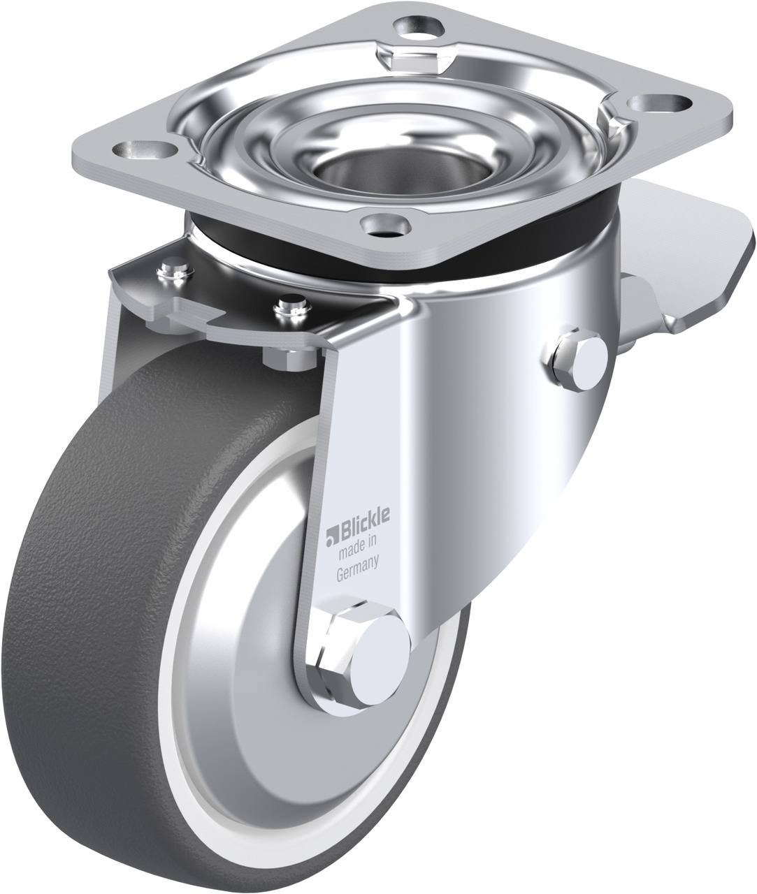 Hochbelastbares Lenkrollenrad aus Metall und Gummi mit rechteckiger Befestigungsplatte, geeignet für Industrie- und Transportanwendungen.