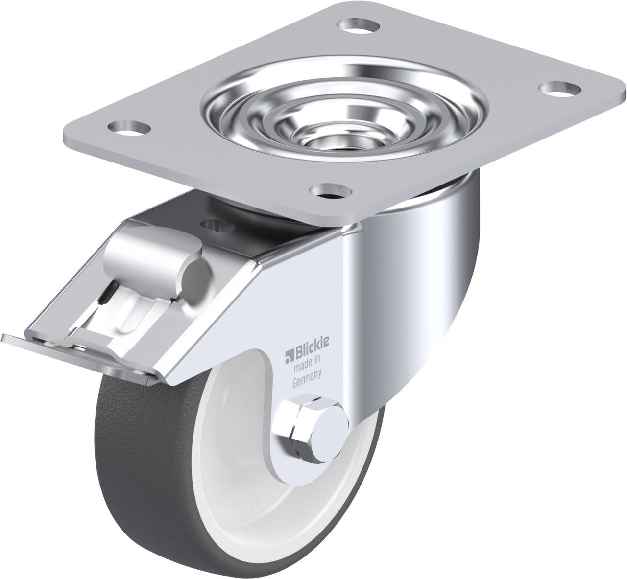 Rolle mit Metallplatte und Bremsmechanismus, geeignet für Möbel oder Transportgeräte, bietet Stabilität und einfache Bewegung.