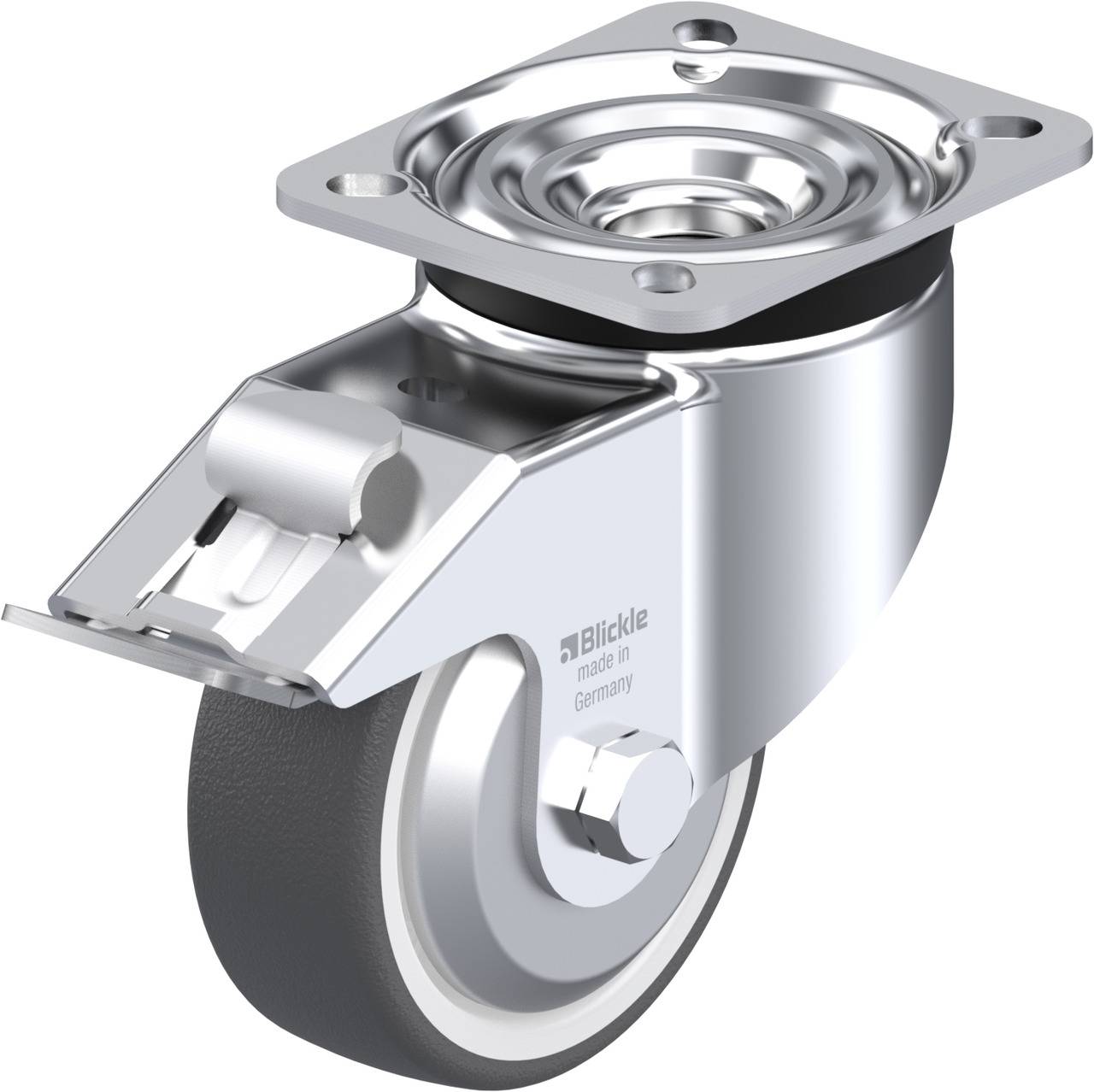 Ein glänzendes Lenkrollenrad aus Metall mit einer Gummibeschichtung, montiert auf einer quadratischen Halterung.