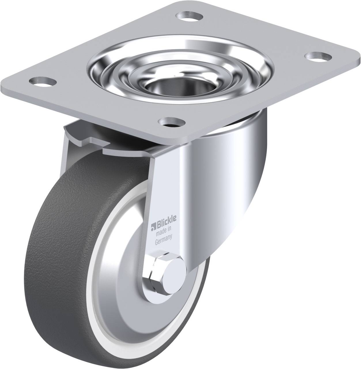 Drehbares Laufrollenrad mit grauem Gummi und silbernem Metallgestell für Möbel oder Transportgeräte.