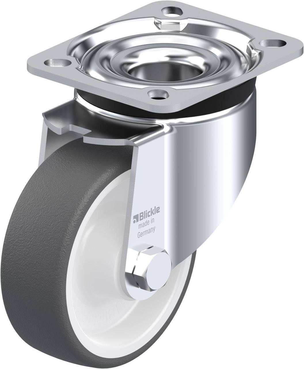 Metall-Transportrolle mit grauem Rad, schwenkbar, mit Befestigungsplatte. Auf der Rolle steht 'Blickle made in Germany'.