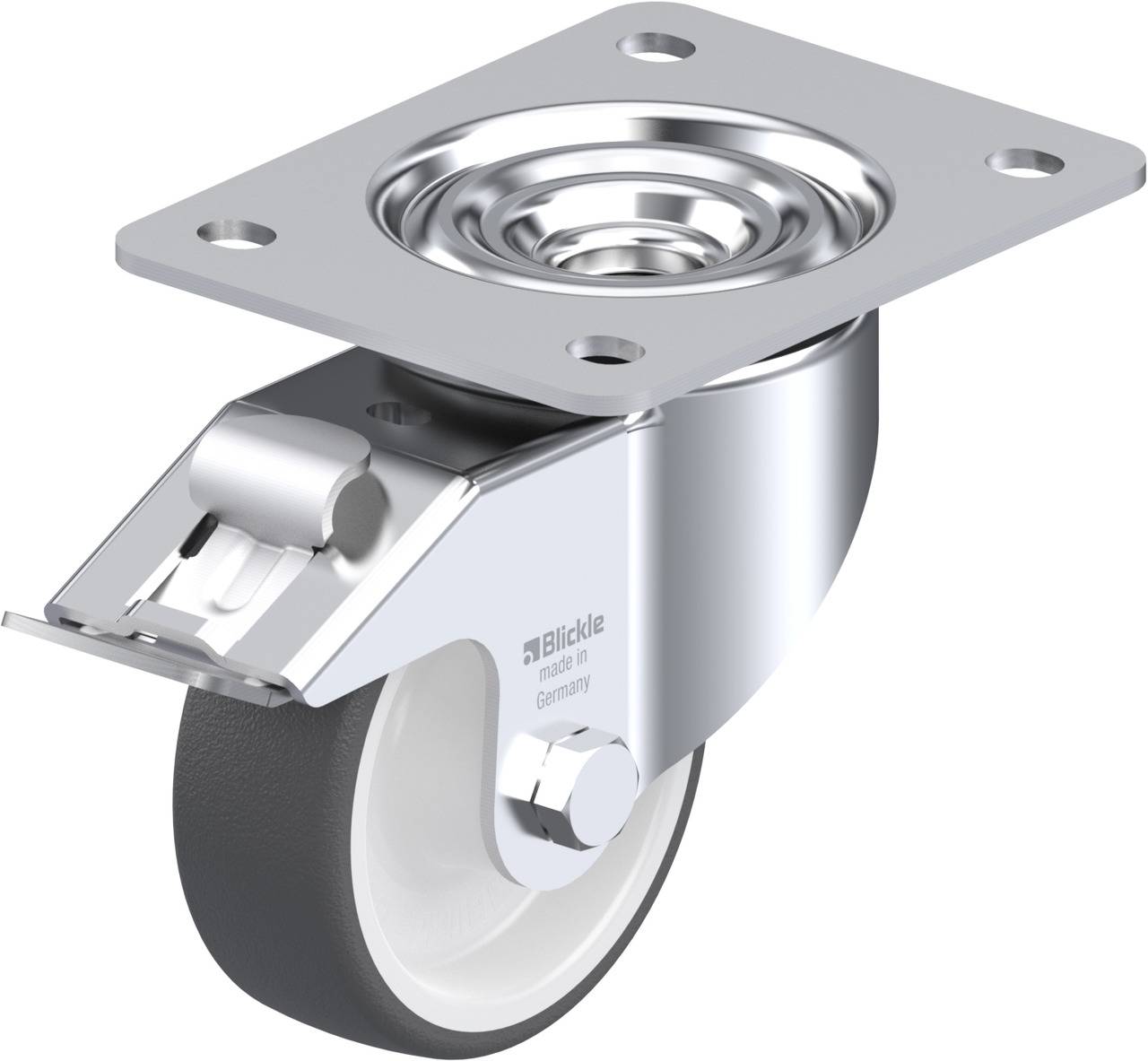 Metallisches Lenkrollenradsystem mit grauem Rad und rechteckiger Montageplatte. Wettbewerbfähige Bauweise für Industrieanwendungen.