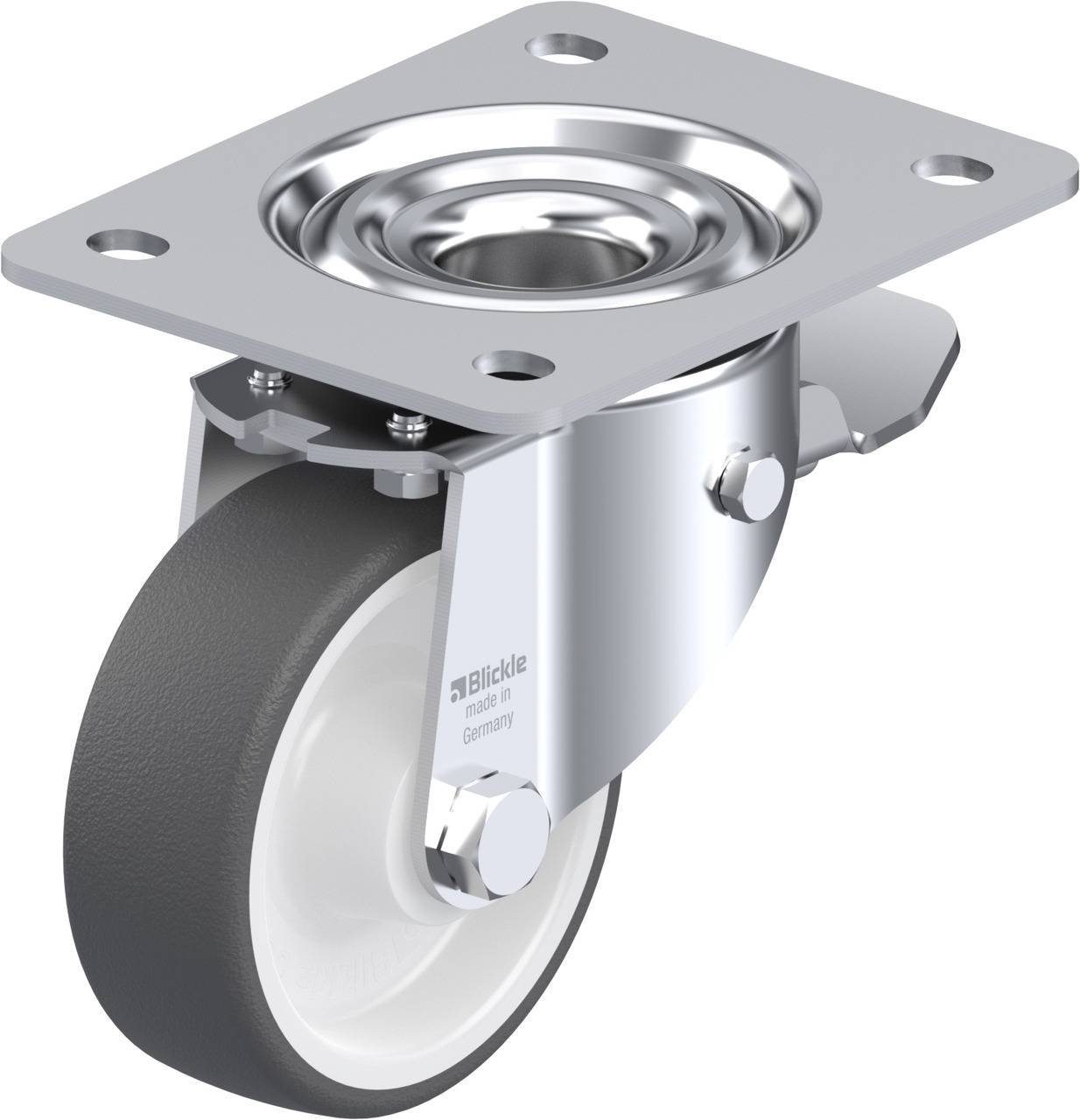 Metallisches Schwerlast-Lenkrollenrad mit grauem Reifen und Montageplatte, von einer bekannten Marke, für industrielle Anwendungen.