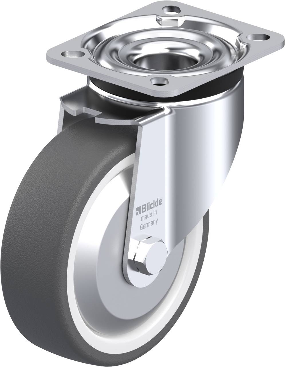 Schwenkrolle mit grauem Rad und silbernem Gehäuse