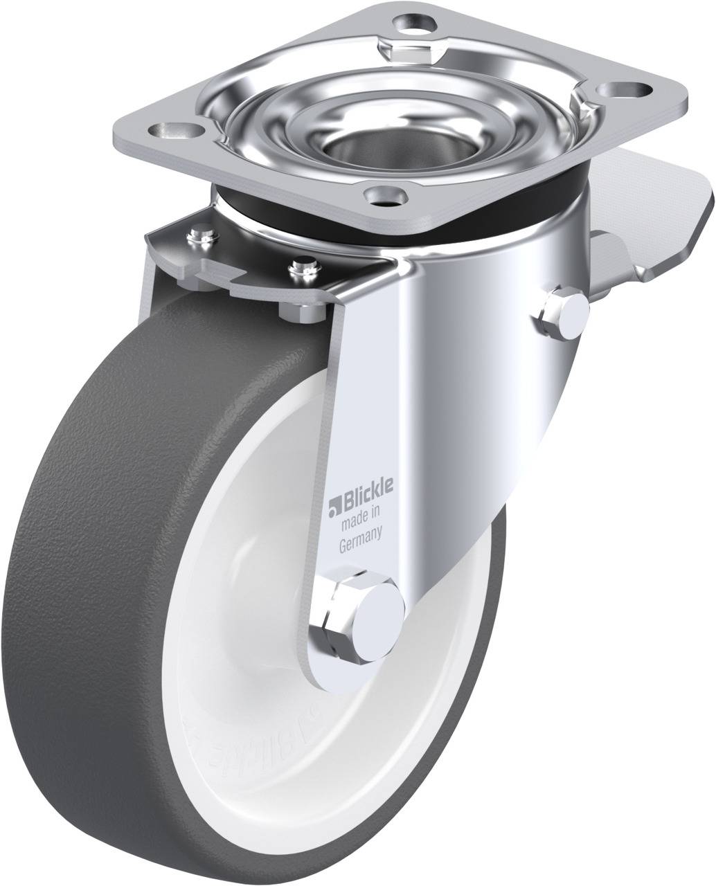 Metallenes Schwerlast-Lenkrollenrad mit grauem Gummi und Anschraubplatte, geeignet für Industrieanwendungen.