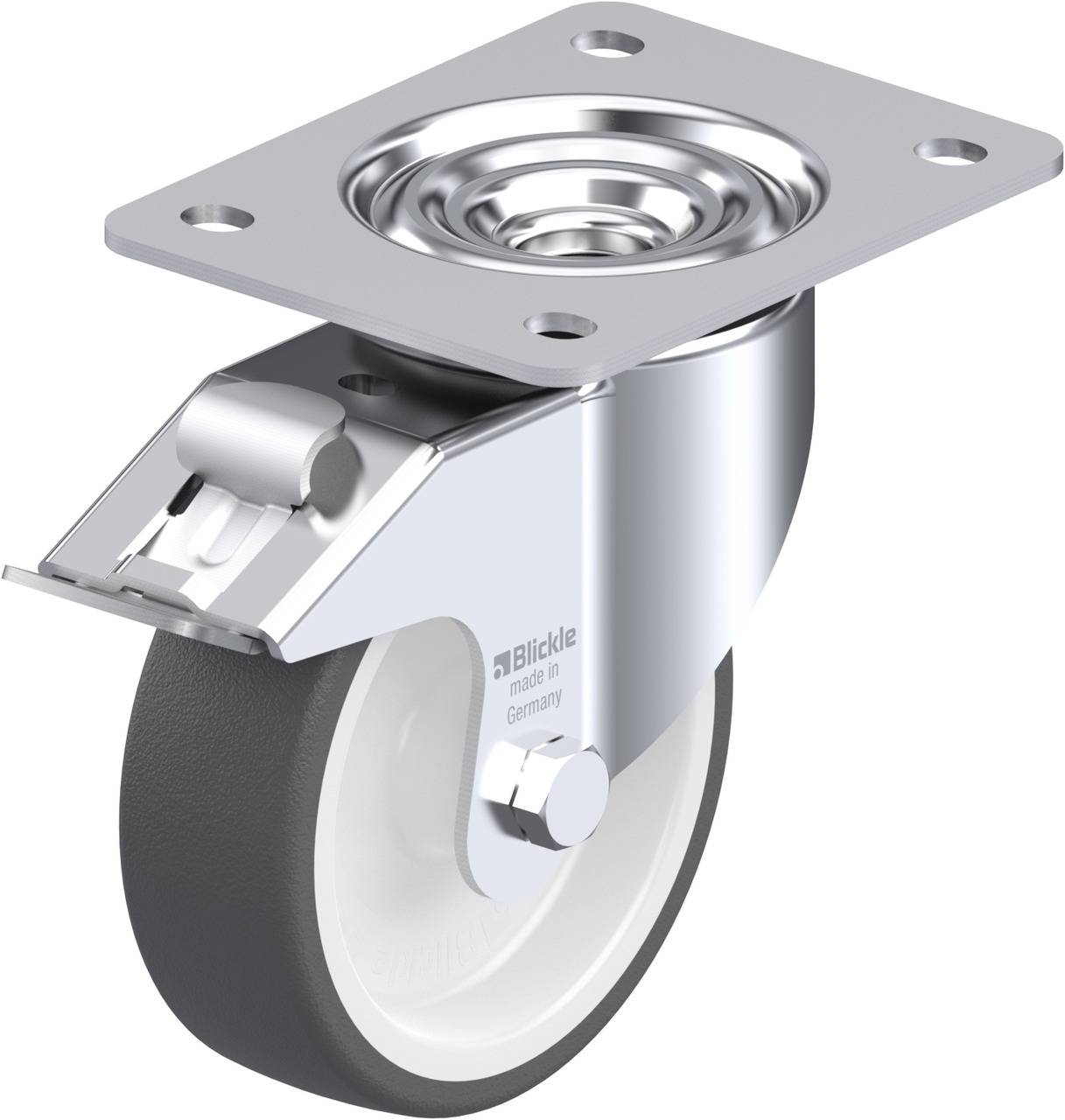 Lenkrolle aus Metall mit grauer Gummibereifung, festem Montagesockel und Kugellager, geeignet für Möbel oder Transportgeräte.