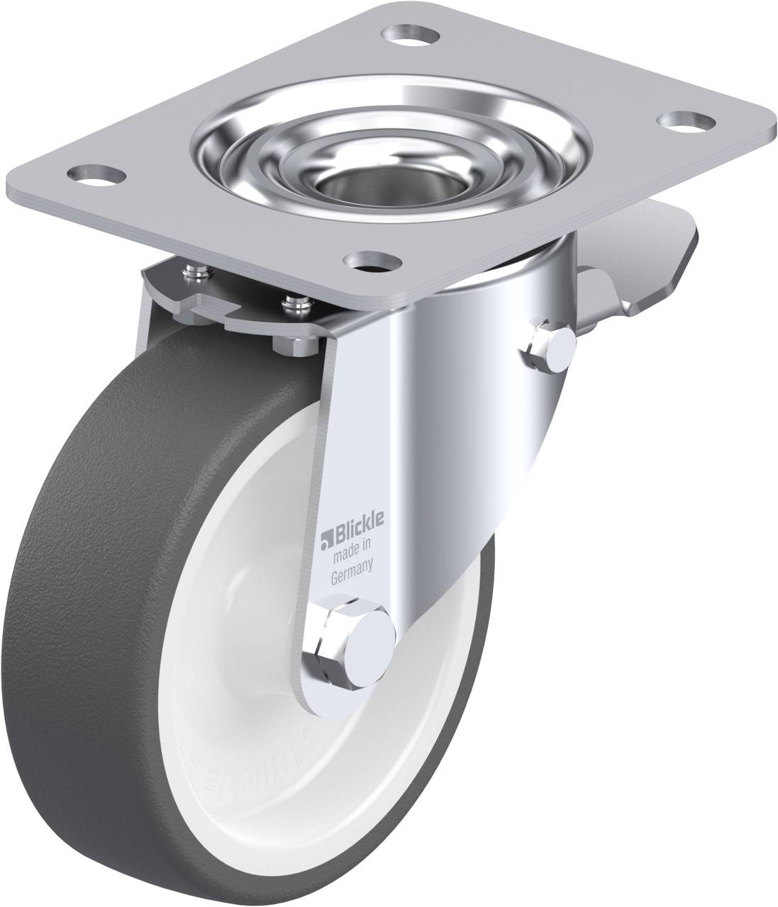Lenkrolle mit grauer Gummibereifung und silberner Halterung; montierbar durch rechteckige Metallplatte mit vier Schraubenlöchern.