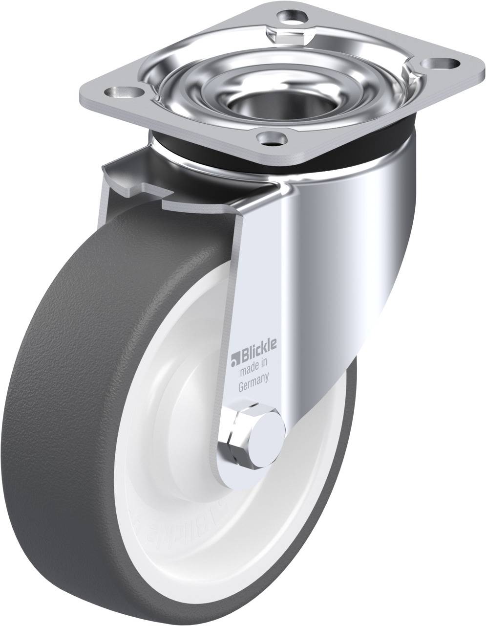 Graue Lenkrolle mit Metallgehäuse und Befestigungsplatte.