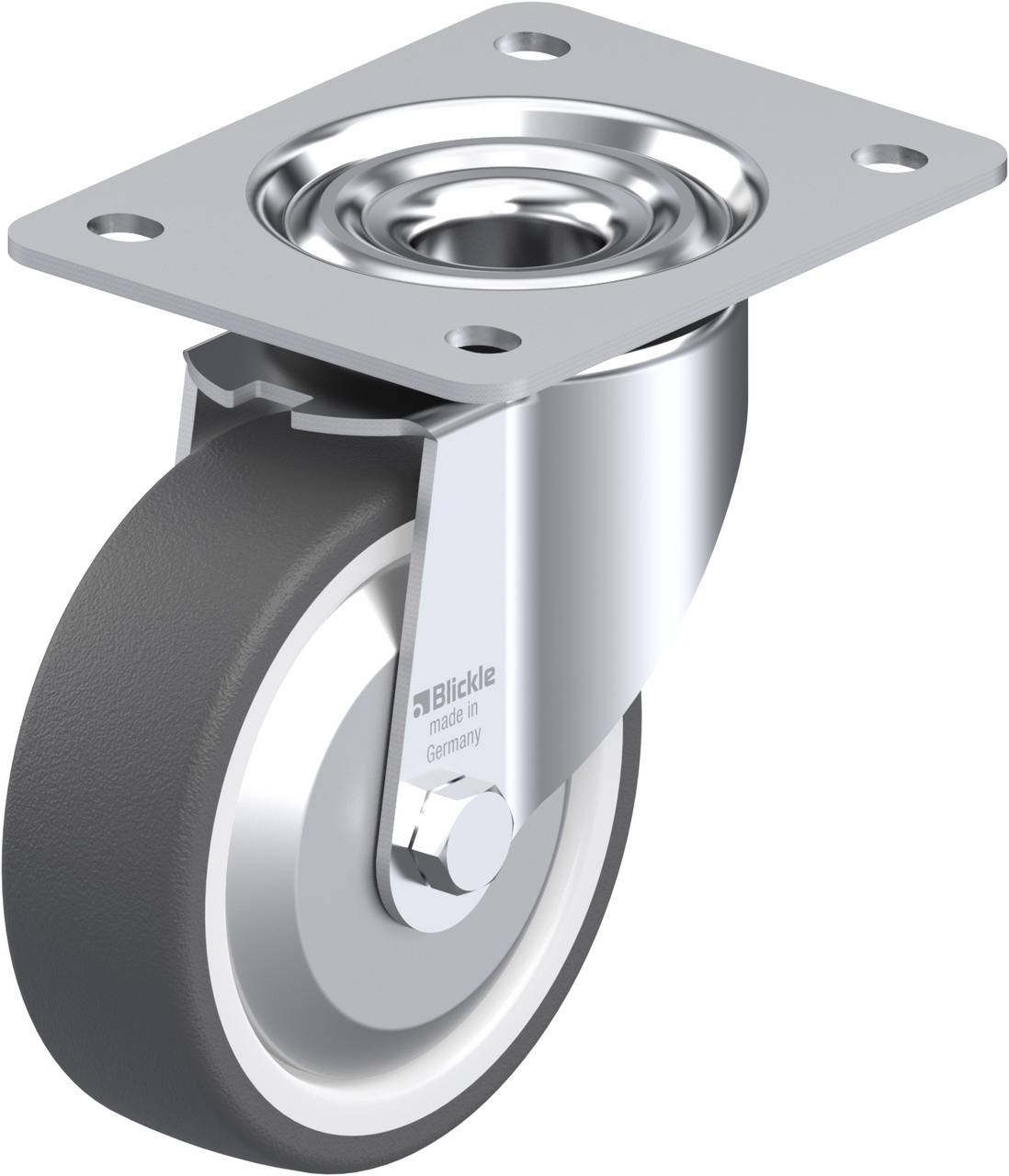 Metallische Apparaterolle mit grauem Rad, schwenkbar, mit Befestigungsplatte.