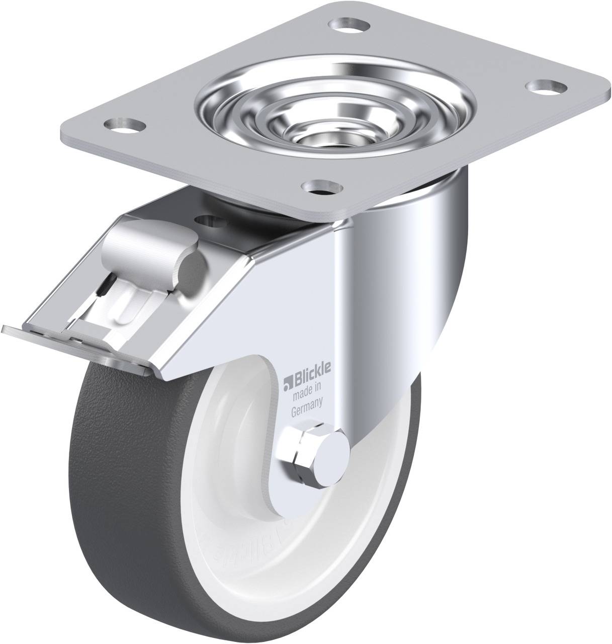 Ein drehbares Möbelrad mit Befestigungsplatte, aus Metall, mit schwarzem Reifen. Verwendet für bewegliche Möbelstücke und Transportgeräte.