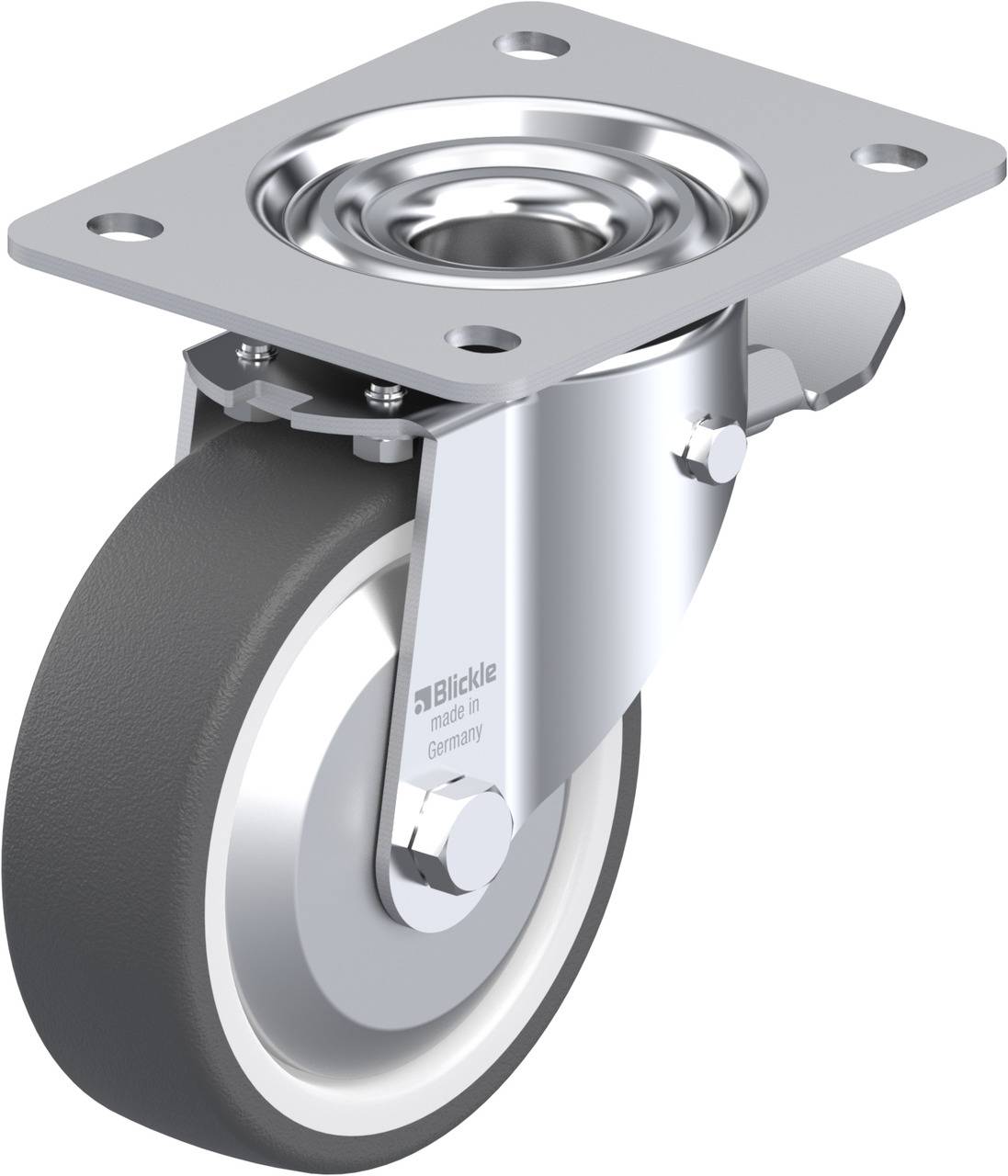 Metallisches Schwenkrollengehäuse mit grauem Gummirad, geeignet für Möbel oder Geräte, zeigt Befestigungsplatte und Kugellager.