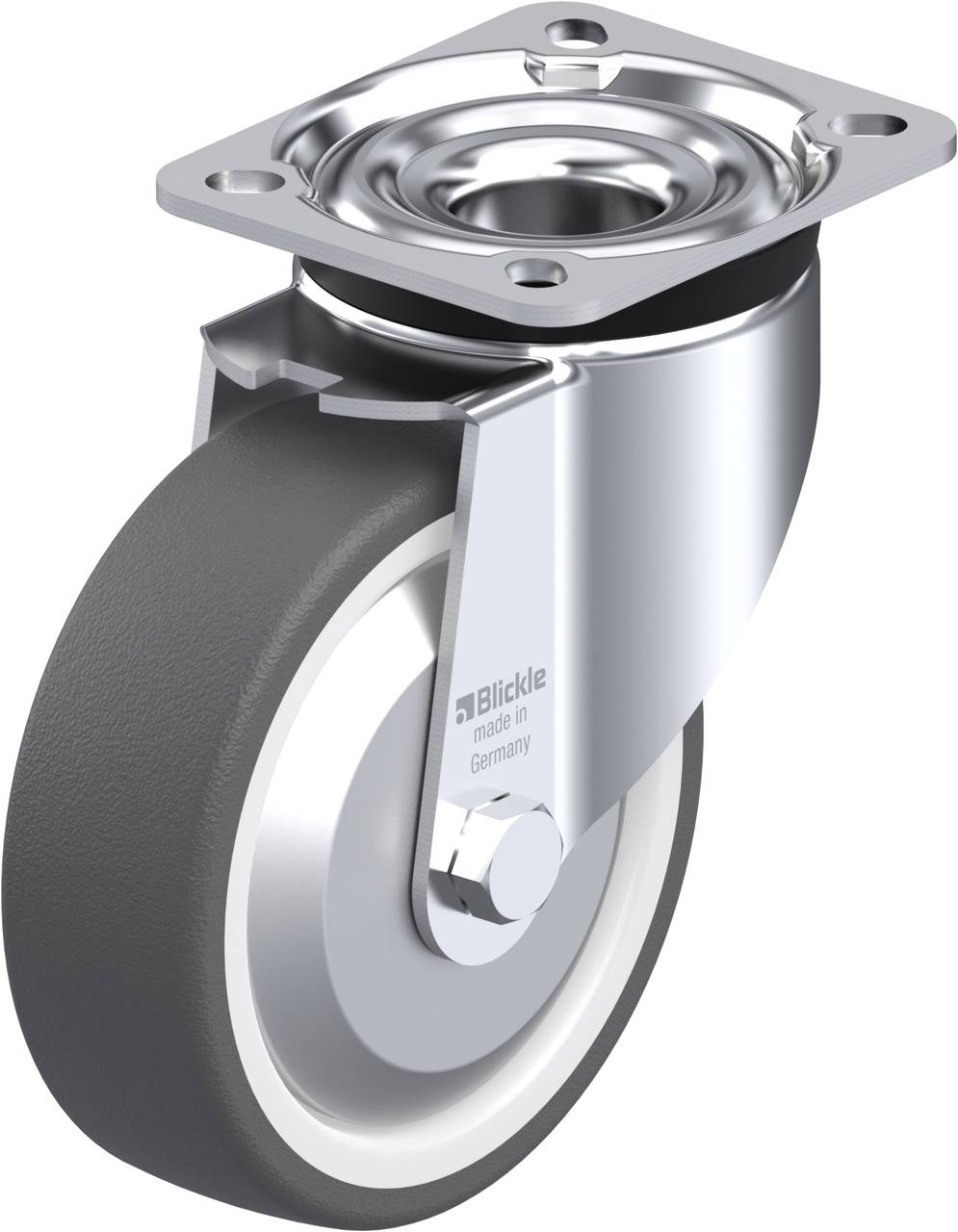 Industrie-Lenkrolle mit grauem Rad und silbernem Gehäuse, geeignet für schwere Lasten; stammt aus Deutschland.