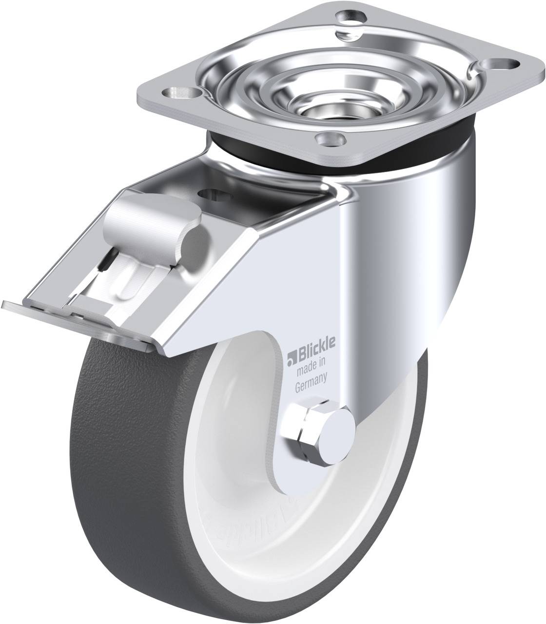 Metalllenkrolle mit Befestigungsplatte, schwarzem Gummirad, silbernem Gehäuse, geeignet für Möbel oder Geräte.