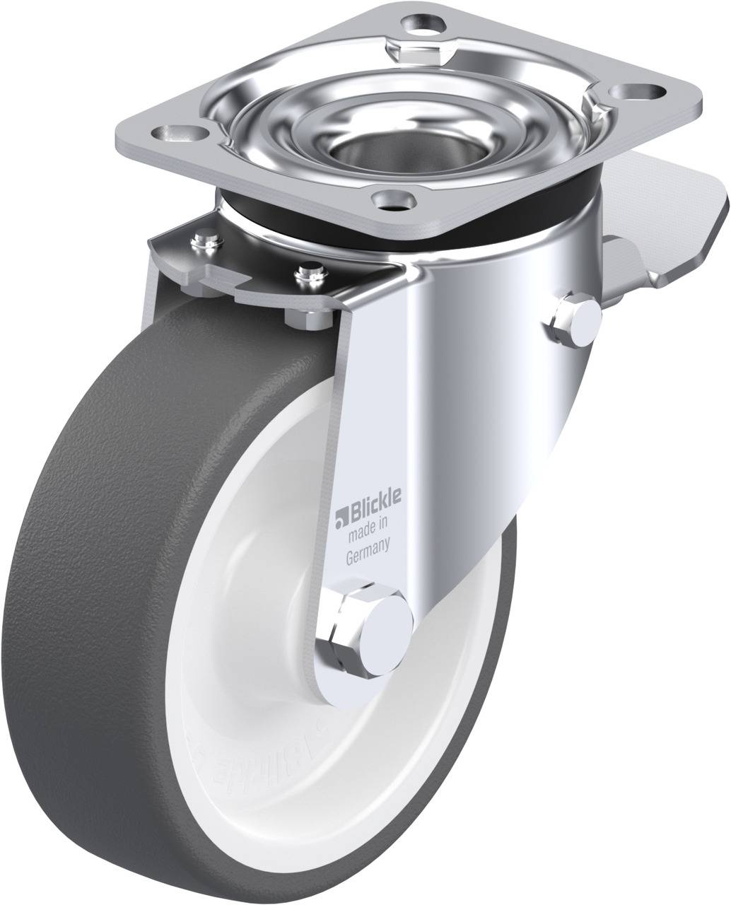 Schwenkrolle mit grauem Rad, Edelstahlplatte oben, Beschriftung 'made in Germany' auf der Metallhalterung.