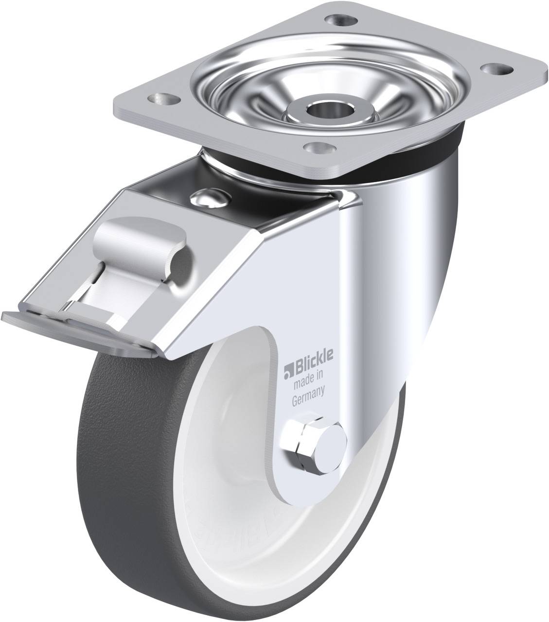 Industrie-Lenkrolle aus Metall mit schwarzem Rad und Befestigungsplatte, geeignet für schwere Lasten.