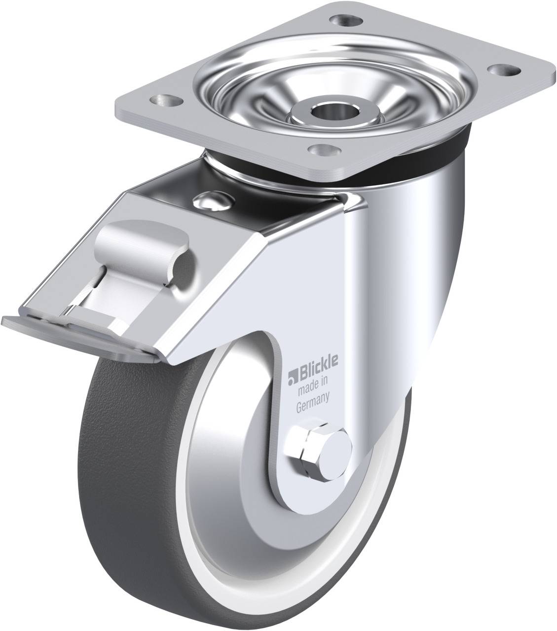 Schwenkrolle aus Metall und Gummi mit Befestigungsplatte und Feststellbremse, geeignet für Möbel oder Geräte.