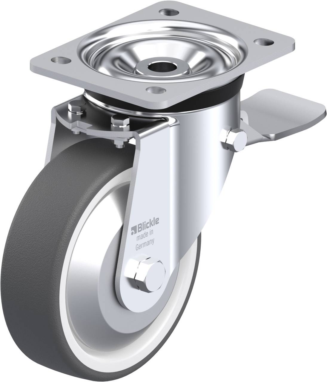 Schwenkrolle aus Metall mit grauem Gummi. Enthält ein Bremspedal und eine Befestigungsplatte für industrielle Anwendungen.