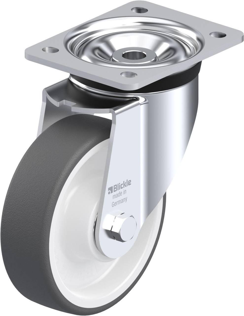 Metall-Rollenbock mit drehbarer Platte und grauem Rad, Aufdruck 'Blickle made in Germany', geeignet für den Einsatz an Möbeln oder Geräten.
