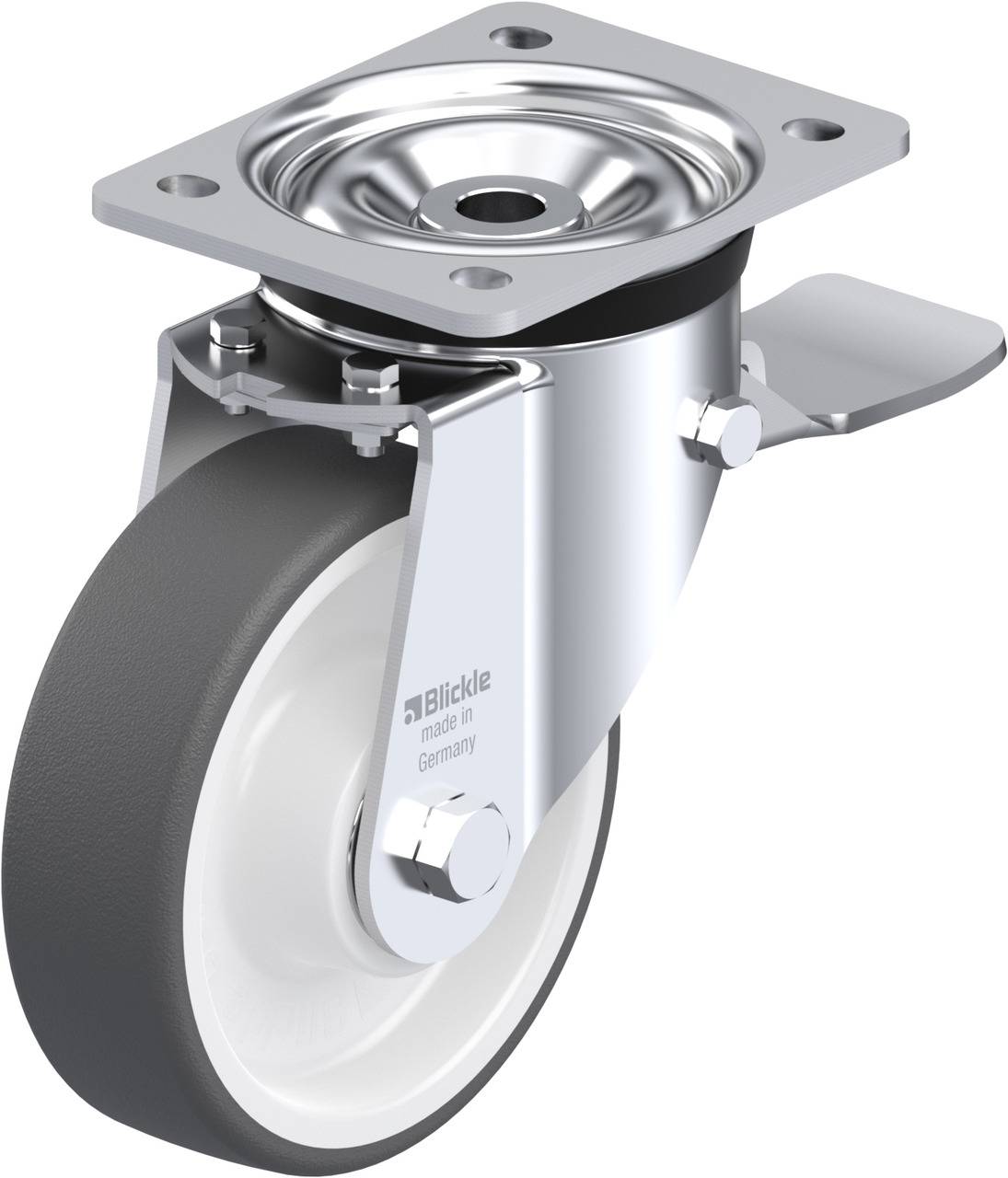 Schwenkrolle mit Metallgehäuse, grauem Rad und Feststeller. Geeignet für den industriellen Einsatz, bietet gute Beweglichkeit und Stabilität.