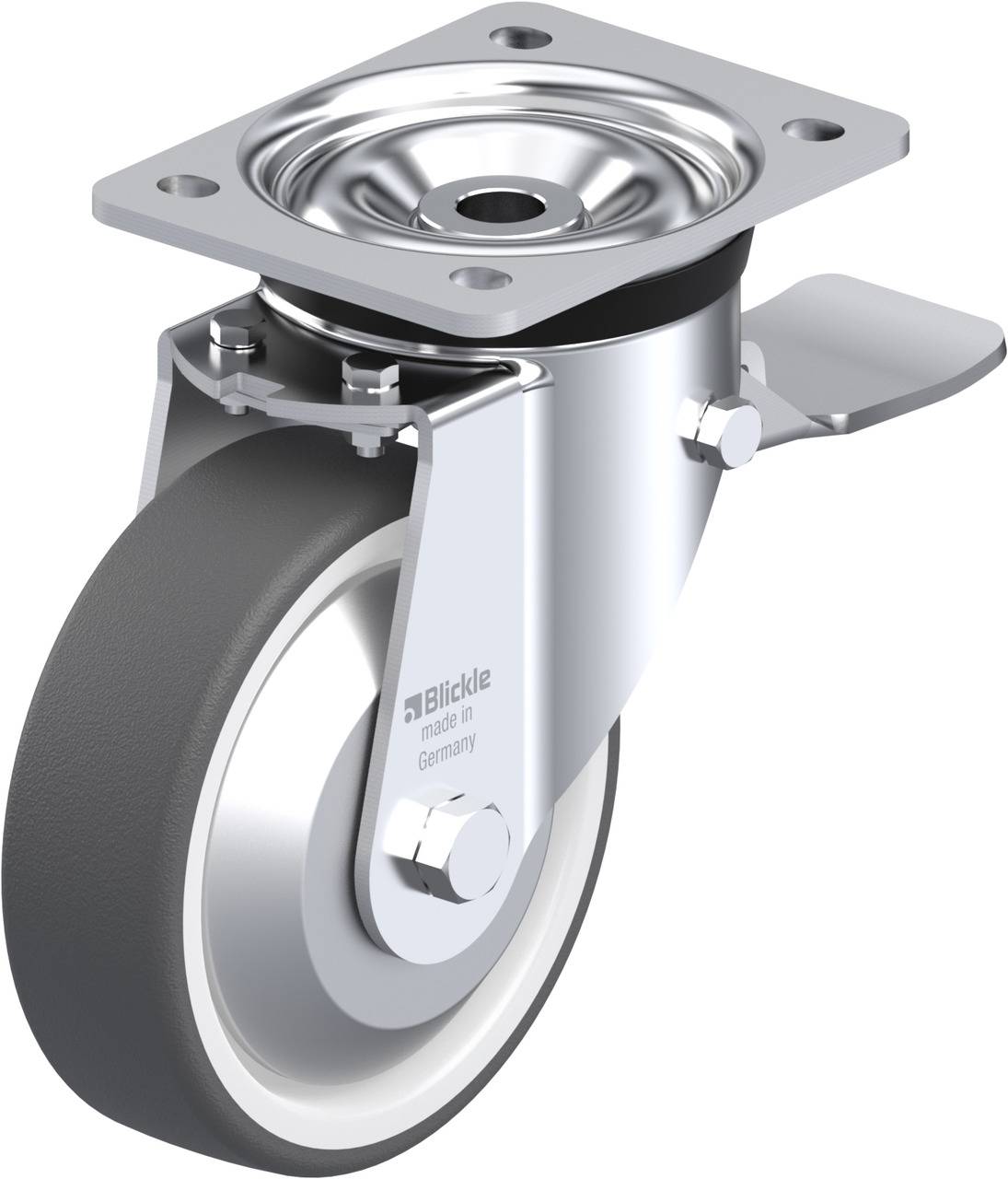 Schwenkrolle aus Metall mit grauem Rad und Bremse, geeignet für industrielle Anwendungen.