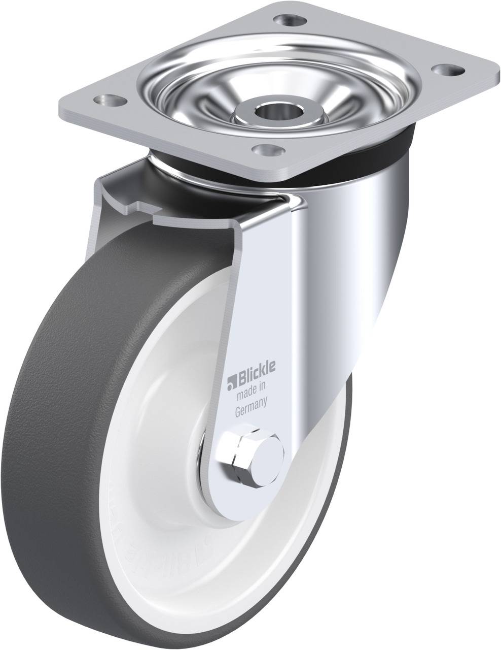 Rollenrad aus Metall mit grauem Gummireifen und Befestigungsplatte, Aufschrift 'Blickle made in Germany'.