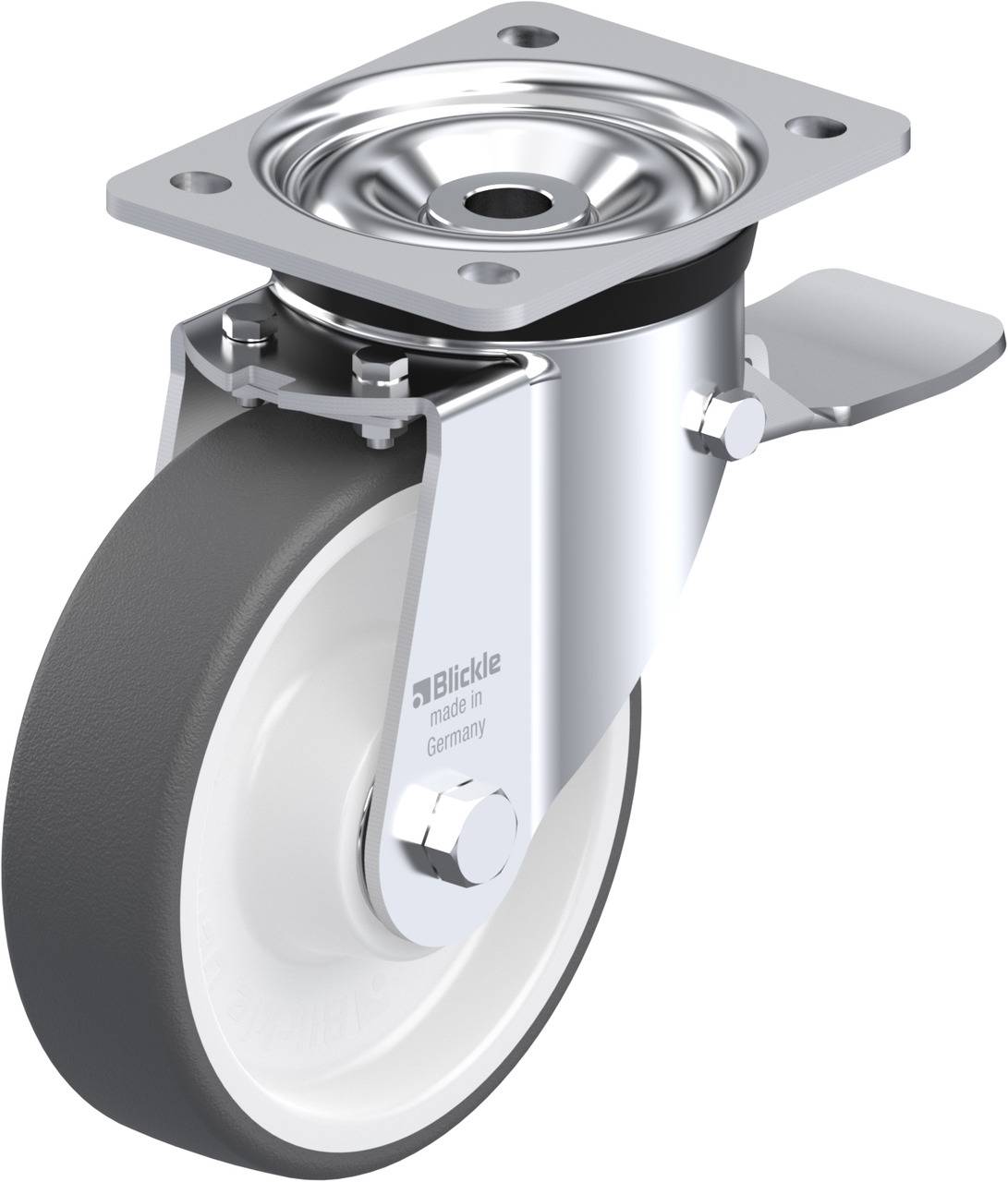 Metallrolle mit grauem Gummireifen, befestigt an einer Metallplatte. Geeignet für Möbel und Industrieanwendungen.