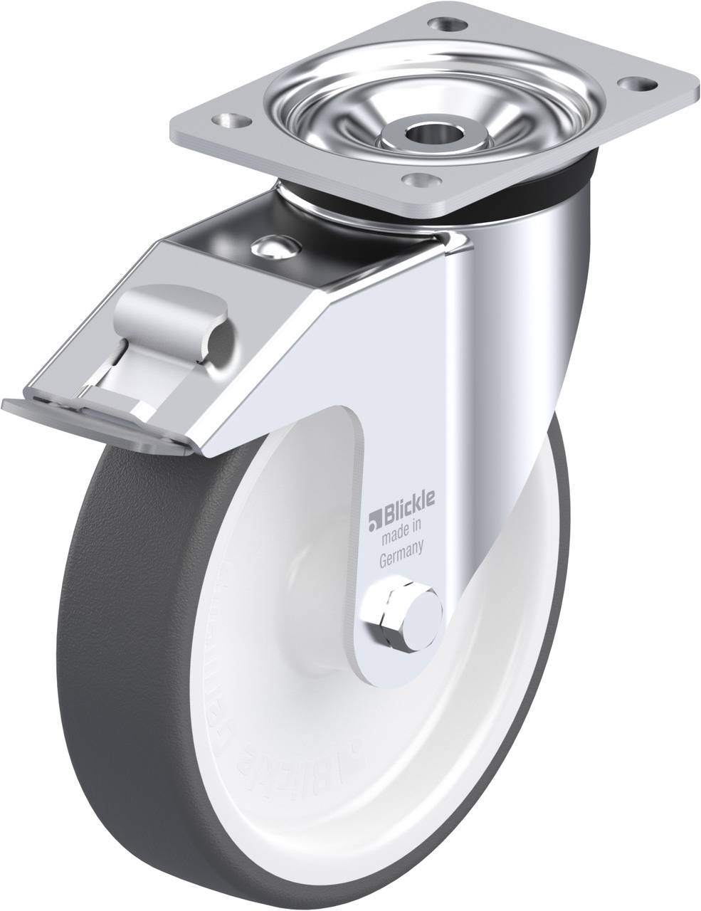 Eine silberne Lenkkrolle mit schwarzem Rad und weißem Kunststoffkern, hergestellt in Deutschland.