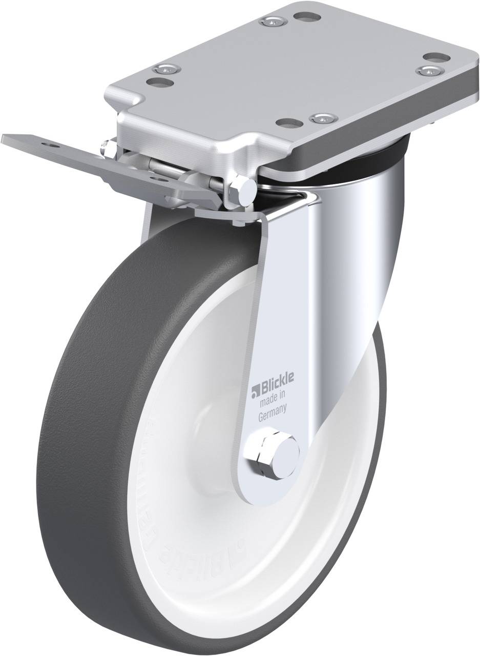 Graues Rad mit Montageplatte und Bremse, geeignet für Möbel oder Industrieanwendungen. Hochwertige Verarbeitung, robustes Design.