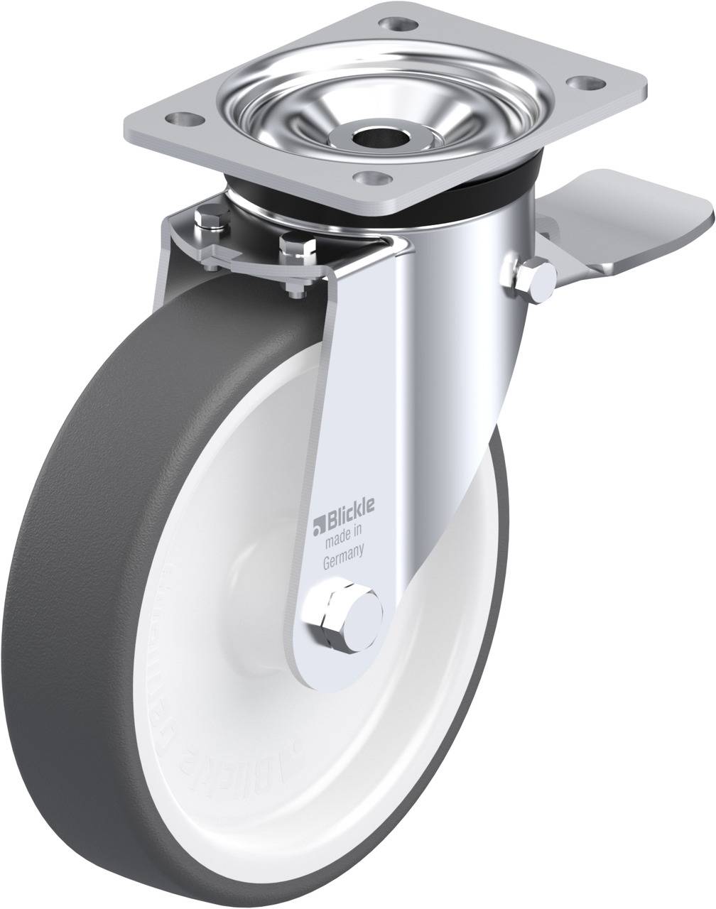 Drehbare Apparaterolle mit grauem Rad und glänzender Metallhalterung, oberhalb davon eine Montageplatte. Markierung von 'Blickle'.