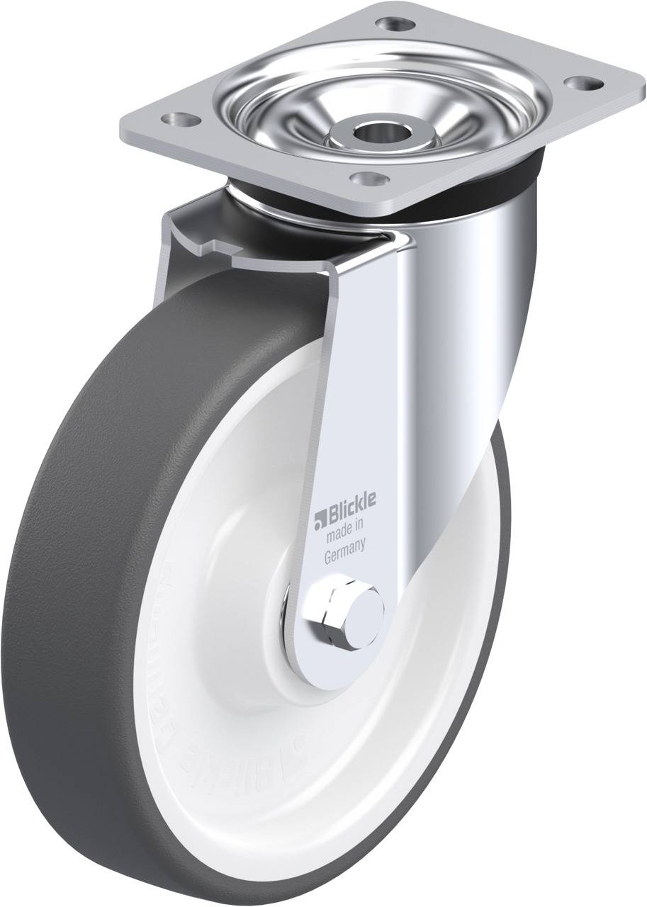 Graue Transportrolle mit drehbarem Metallgehäuse und weißem Rad. Aufschrift 'Blickle made in Germany'. Geeignet für Möbel oder Wagen.