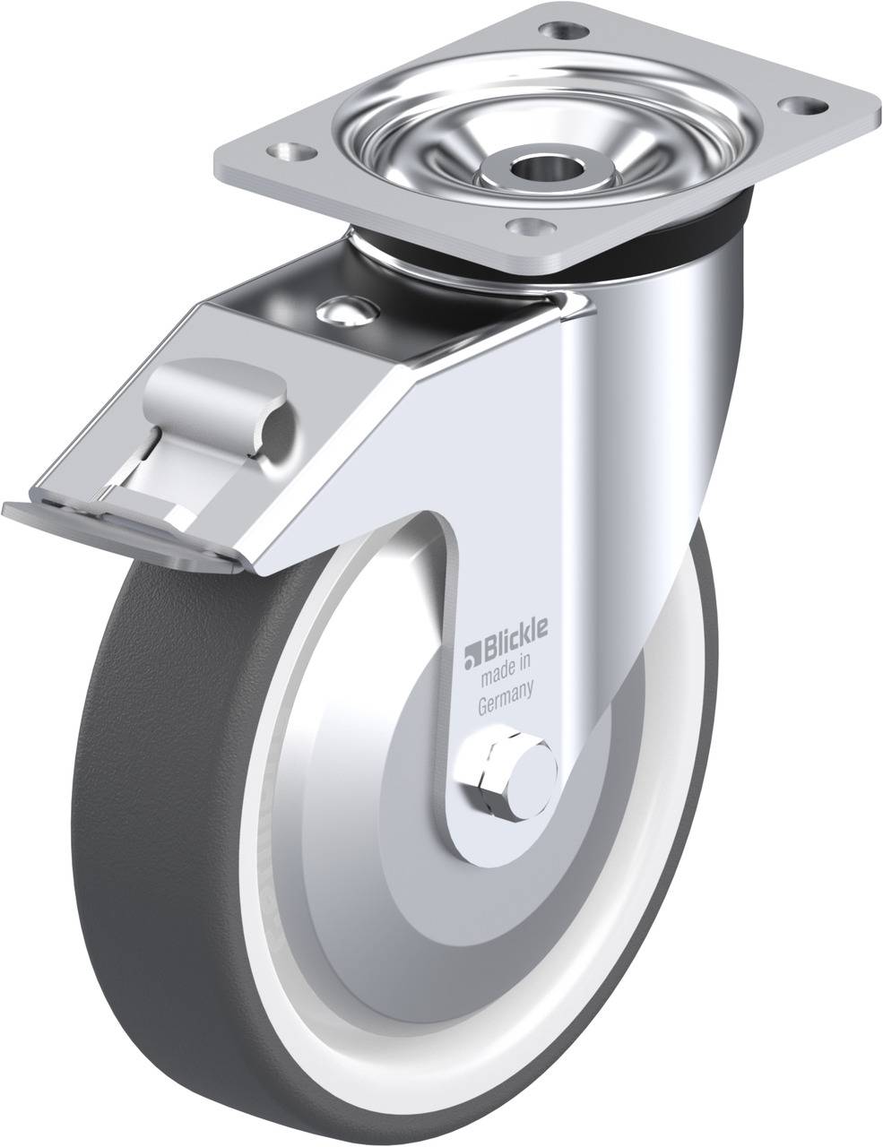 Stahlgehäuserolle mit schwarzem Rad, Lenkfunktion und starrer Platte zur Befestigung. Geeignet für Transportwagen oder Möbel.