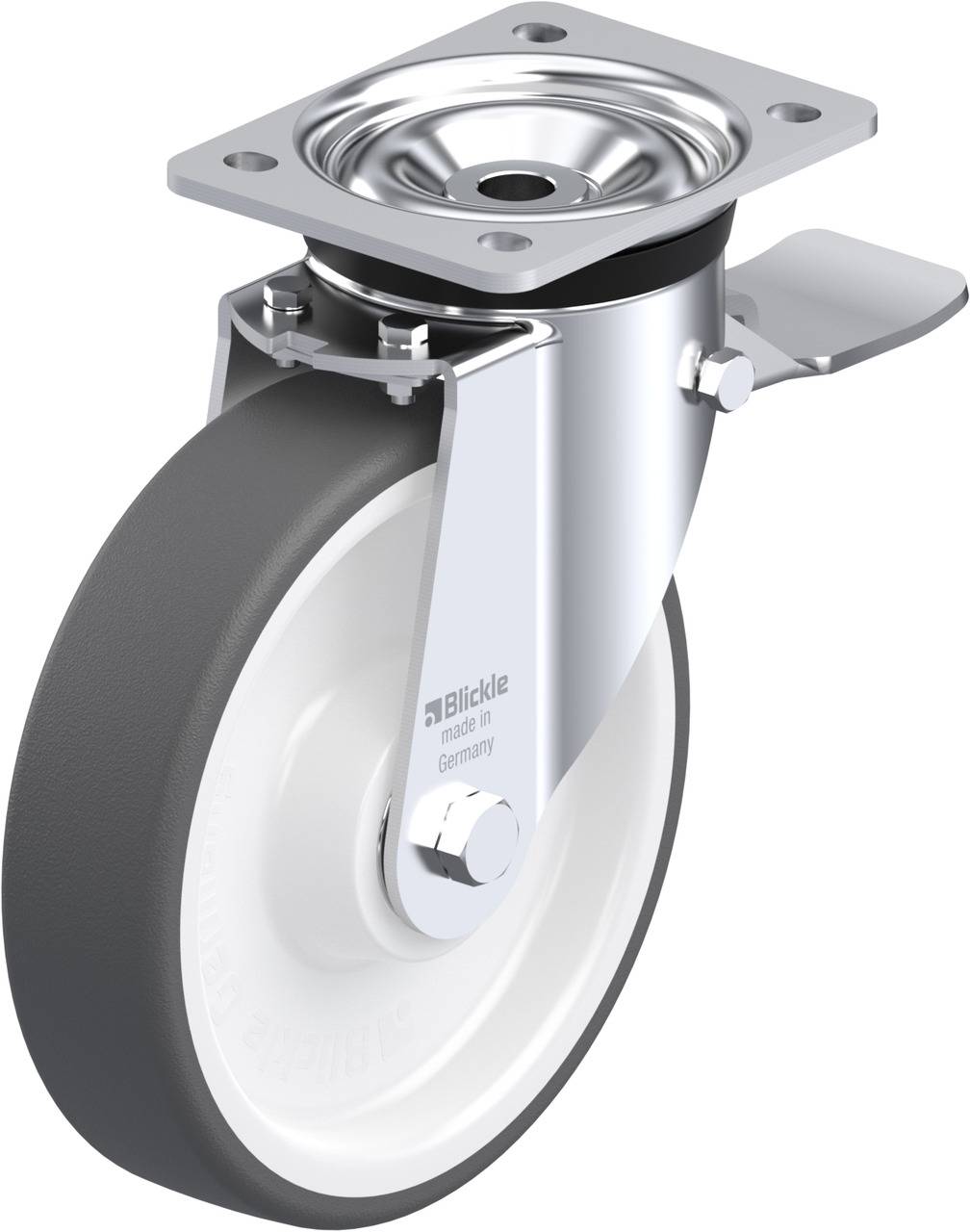 Metallisches Schwerlast-Lenkrollenrad mit grauem Gummireifen, montiert auf einer rechteckigen Metallbasis. Markenlogo sichtbar.