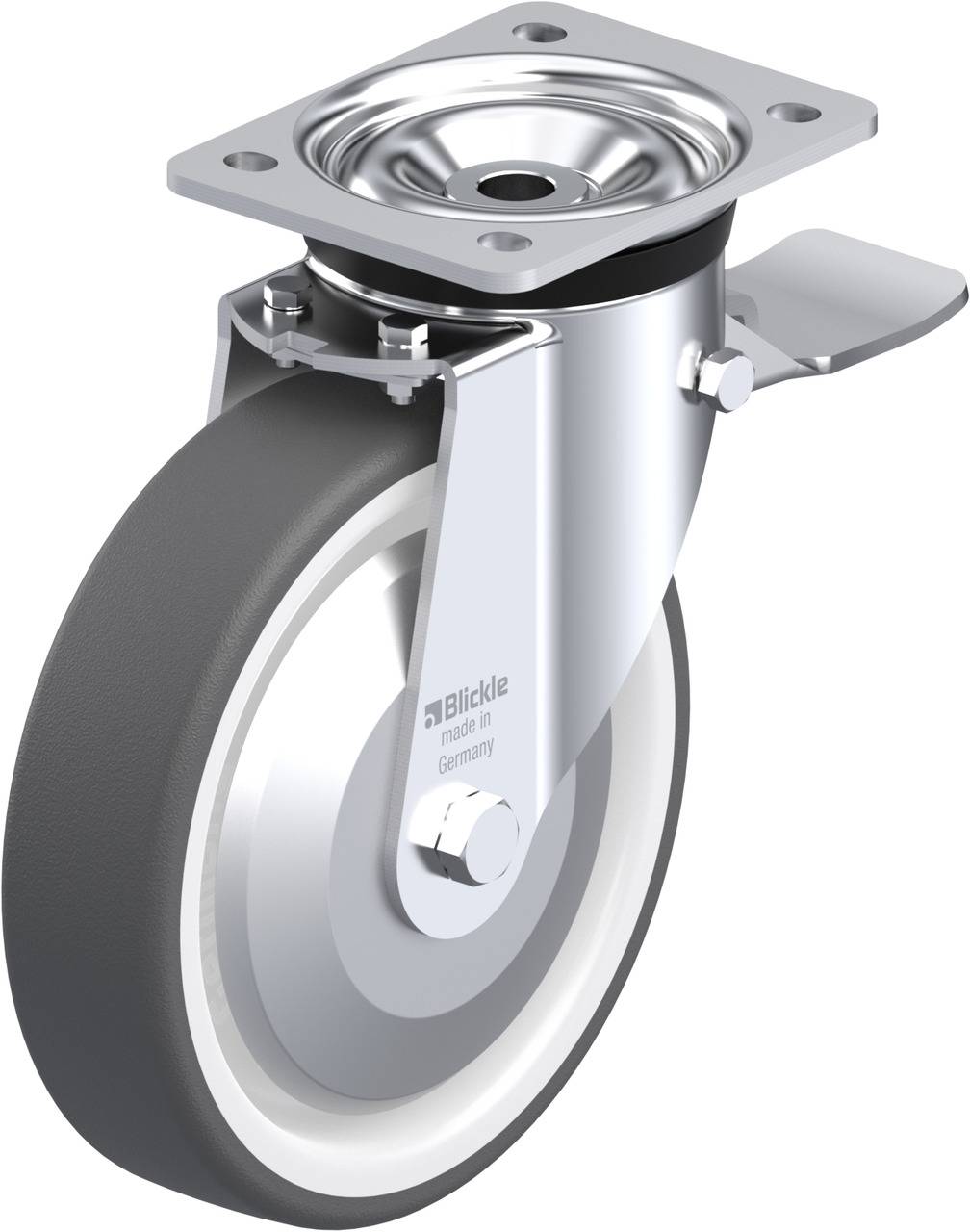 Grau-schwarzes Industrierad mit Drehgelenk, montiertem Metallgehäuse und Befestigungsplatte, auf weißem Hintergrund dargestellt.