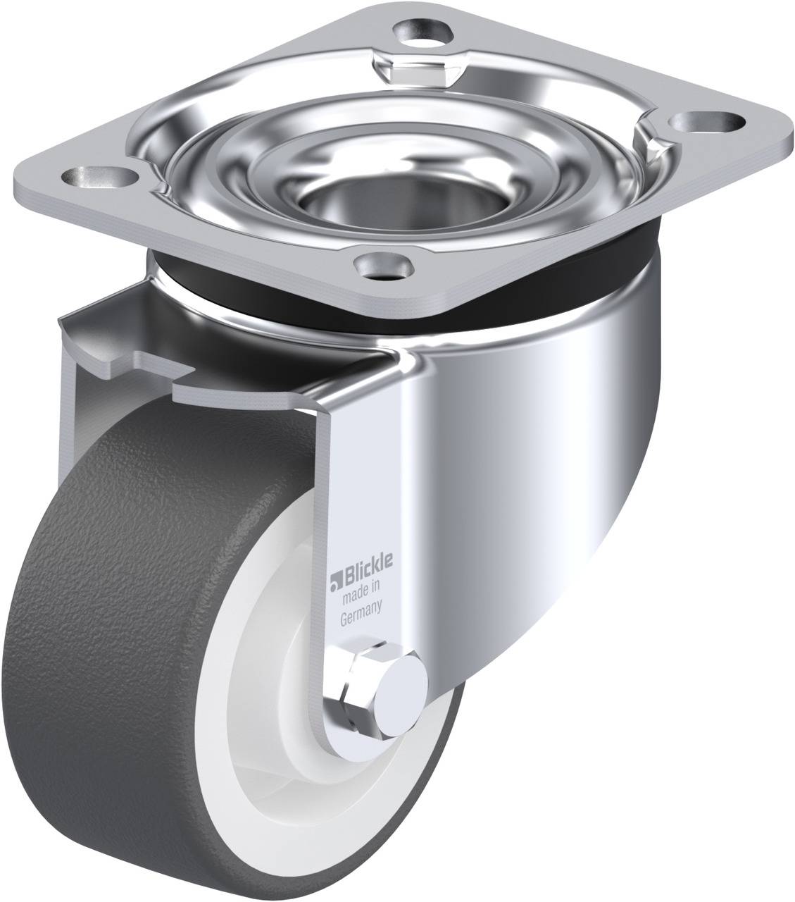 Metallrolle mit schwarzem Gummirad und silbernem Gehäuse. Oberteil mit vier Schraublöchern zur Befestigung.