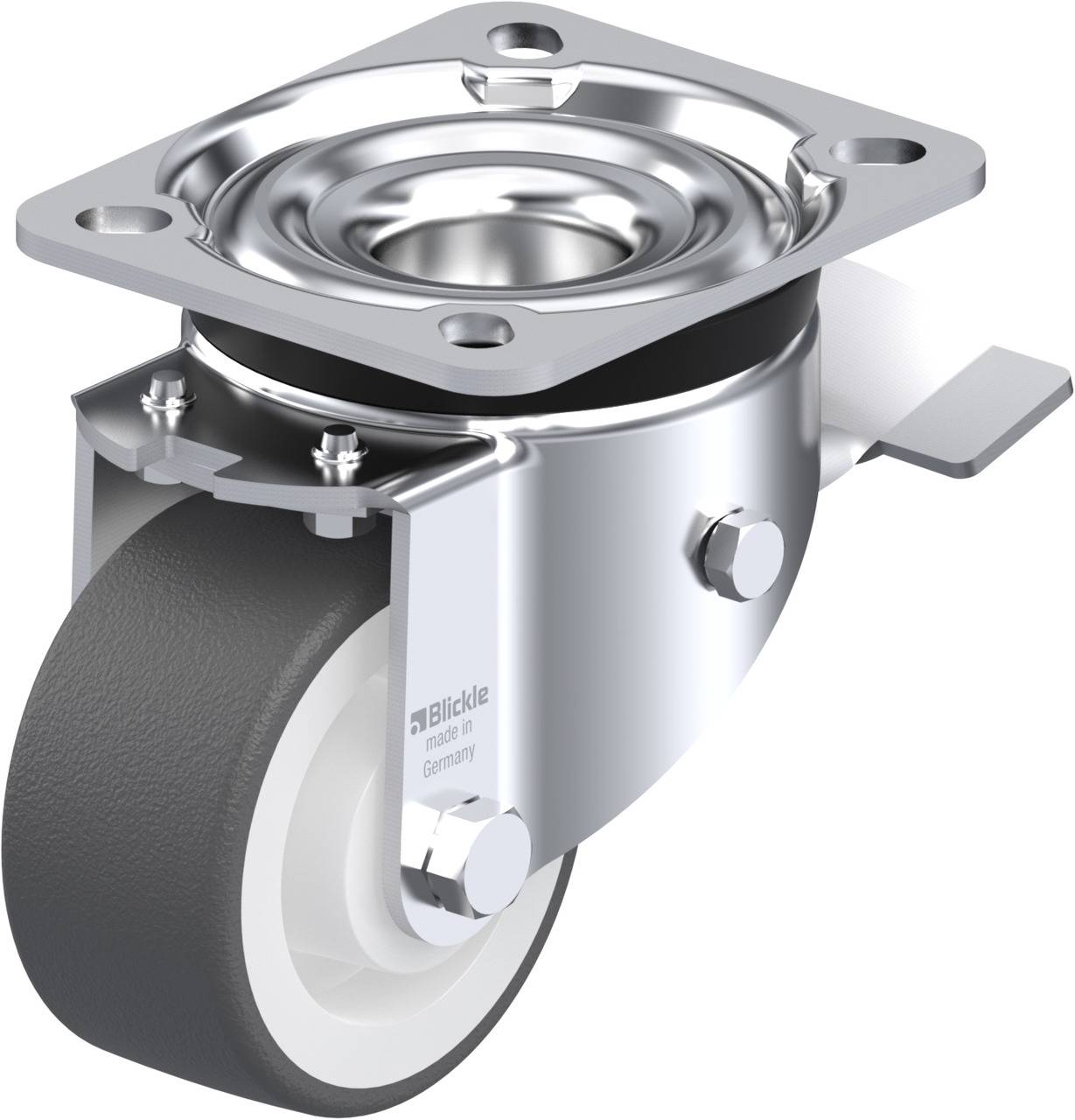 Schwenkrolle aus Stahl mit Gummirad und Befestigungsplatte, geeignet für den Einsatz in Möbelbau oder Transportwagen.