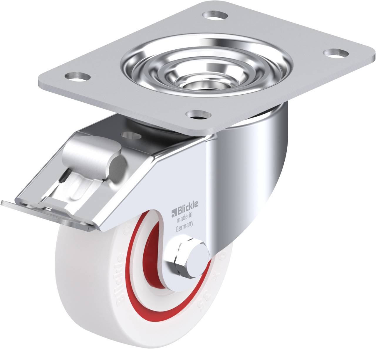 Schwenkrolle mit Metallplatte und weißem Rad, geeignet für Möbel oder Geräte, bietet einfache Beweglichkeit und Drehbarkeit.