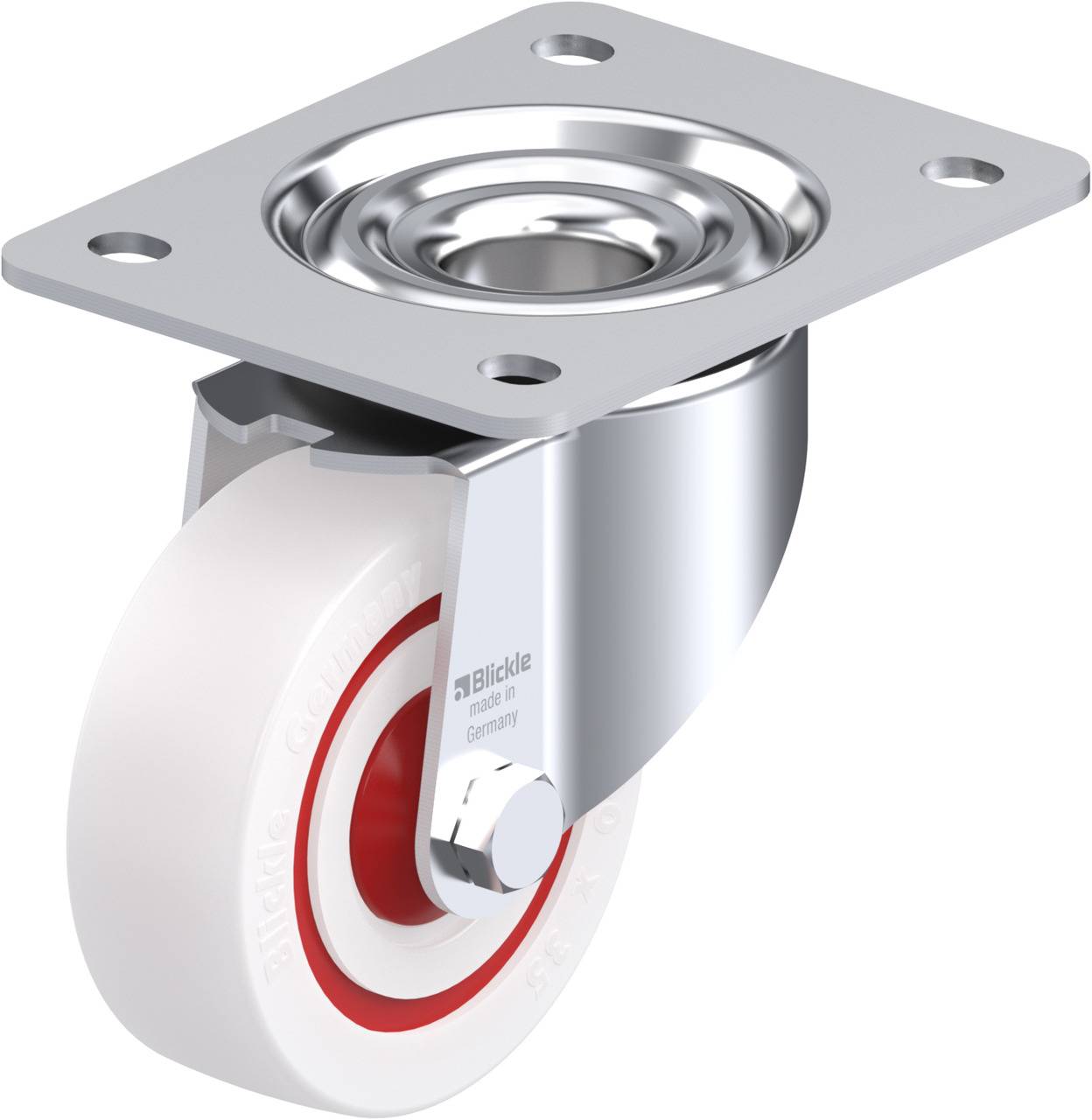 Metallisches Lenkrollenrad mit weißem Kunststoffrad und rotem Streifen. Entwickelt für vielseitigen Einsatz bei Transportgeräten.