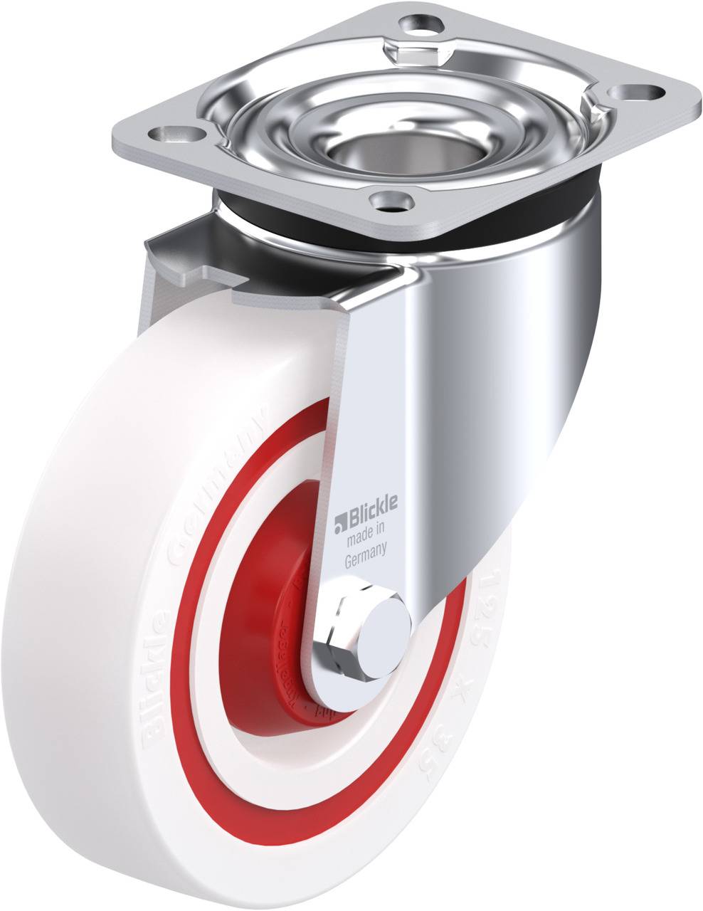Weißes Bockrolle mit rotem Innenring und silbernem Gehäuse. Das Gehäuse ist mit einer Platte zur Befestigung ausgestattet.