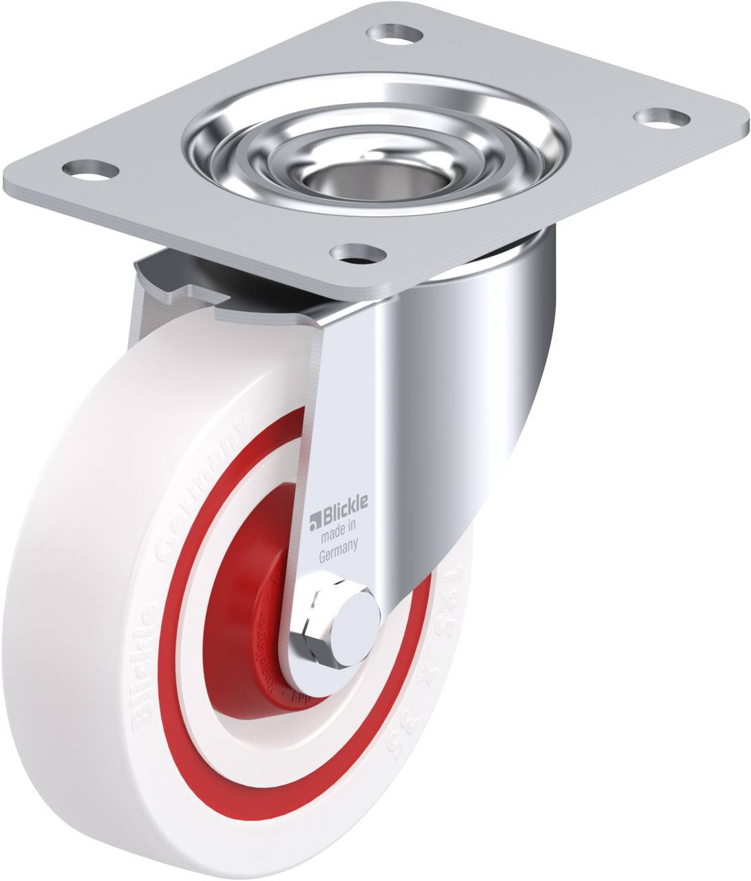Schwenkrolle aus Metall mit weißem Rad und rotem Ring. Befestigungsplatte oben, geeignet für Möbel oder Geräte in Innenbereichen.