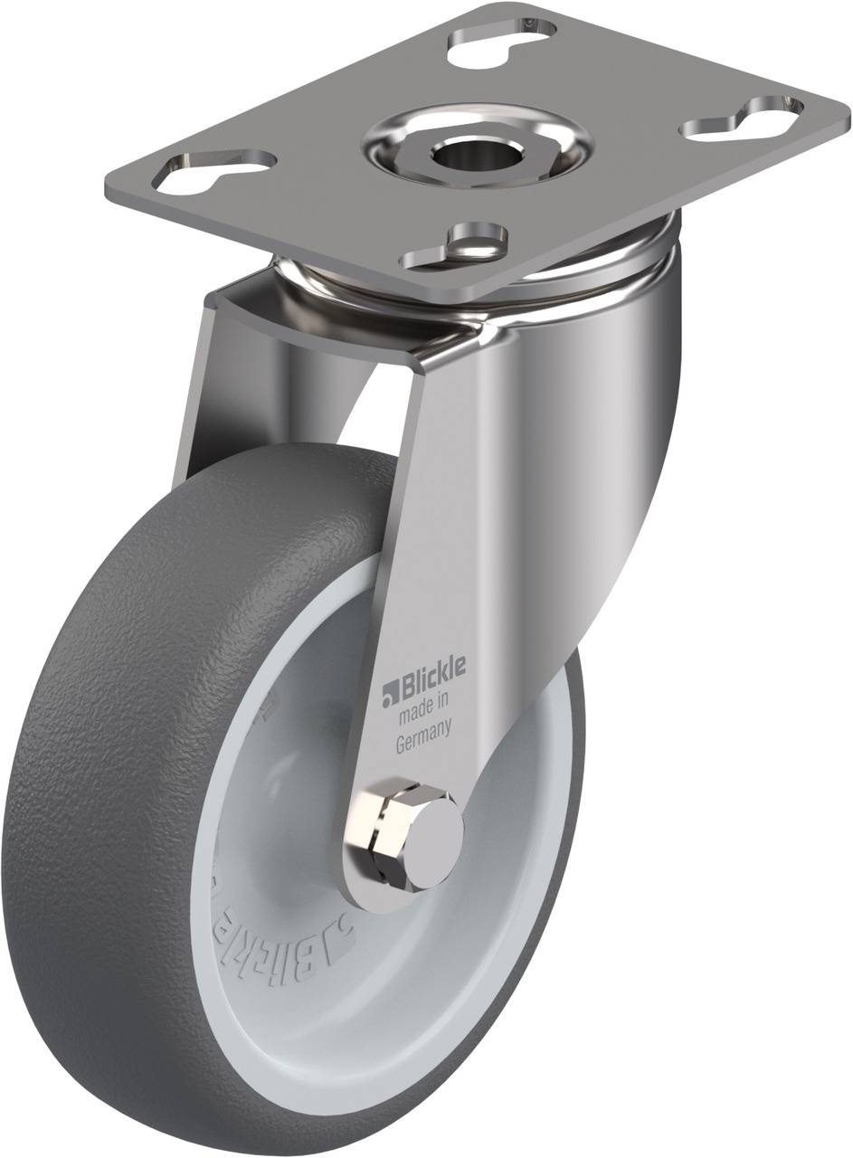 Graues Lenkrollenrad mit silberner Metallhalterung, geeignet für Möbel oder Geräte. Logo 'Blickle' und 'made in Germany' sichtbar.