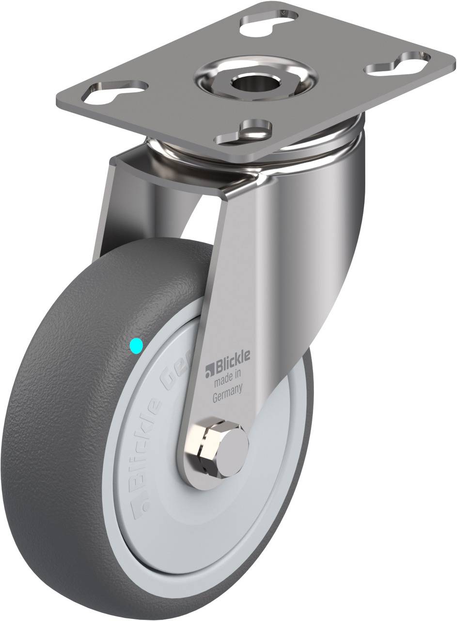 Eine graue Rolle mit Metallhalterung und Befestigungsplatte, geeignet für Möbel oder Transportwagen, hergestellt in Deutschland.