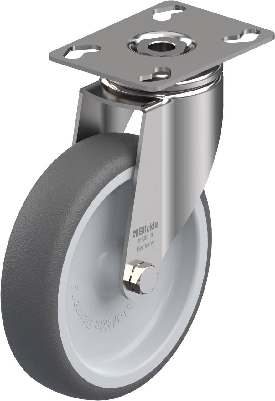 Graue Lenkrolle aus Metall mit Montageplatte, geeignet für Möbel oder Transportwagen. Robust und rotierbar für einfache Bewegung.