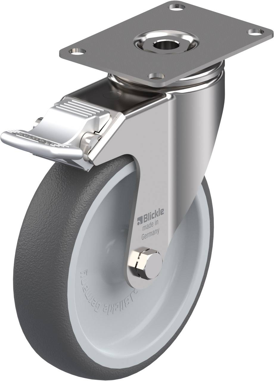 'Blickle' graue Schwerlastrolle mit silbernem Gehäuse und Befestigungsplatte.
