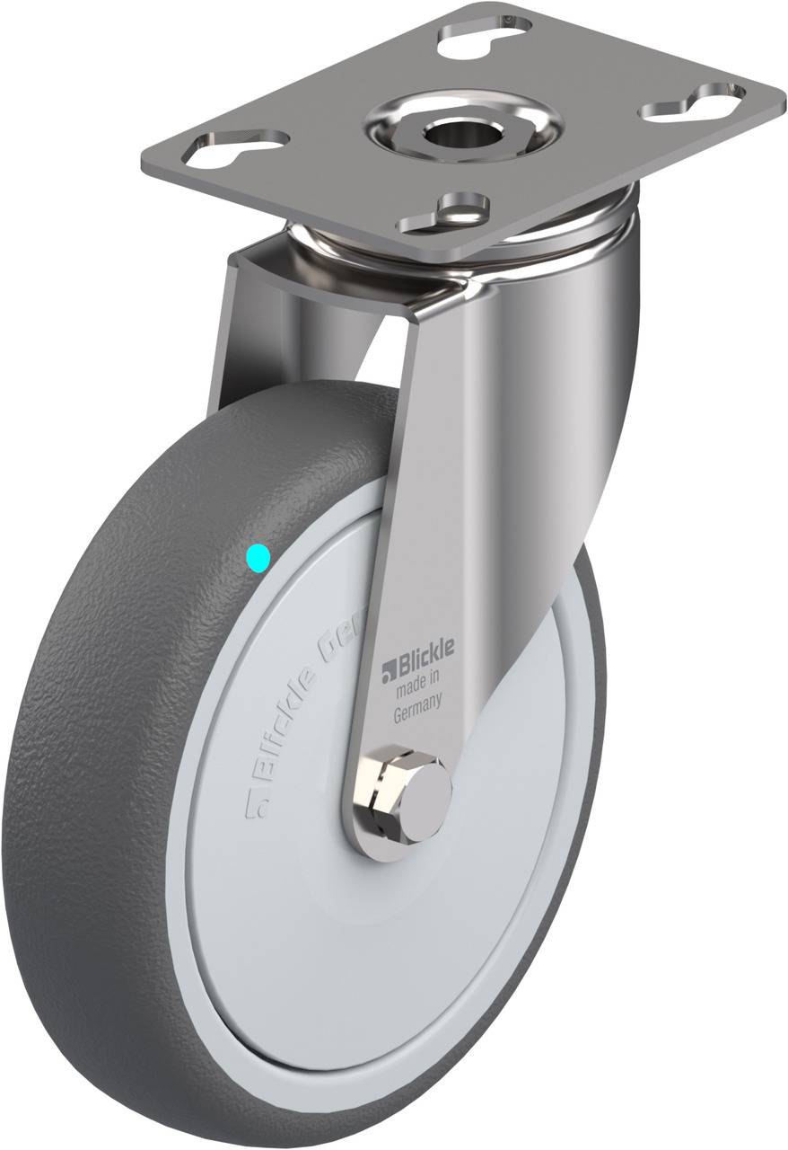 Metallrolle mit grauem Rad und Befestigungsplatte. Geeignet für Möbel oder Geräte.