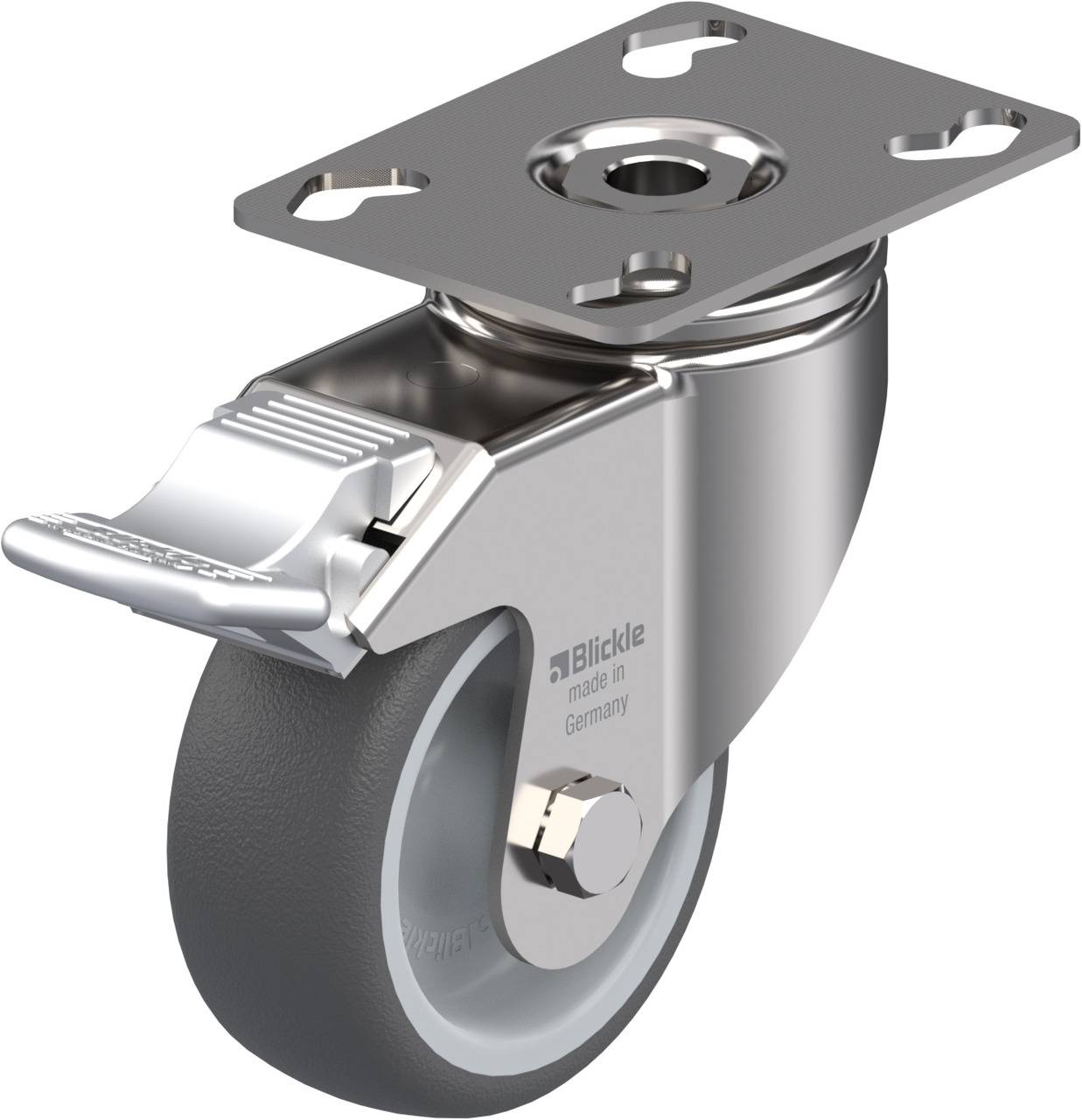 Silbernes Lenkrollenrad mit eingebauter Bremse, geeignet für Möbel oder Transportgeräte. Hergestellt von Blickle in Deutschland.