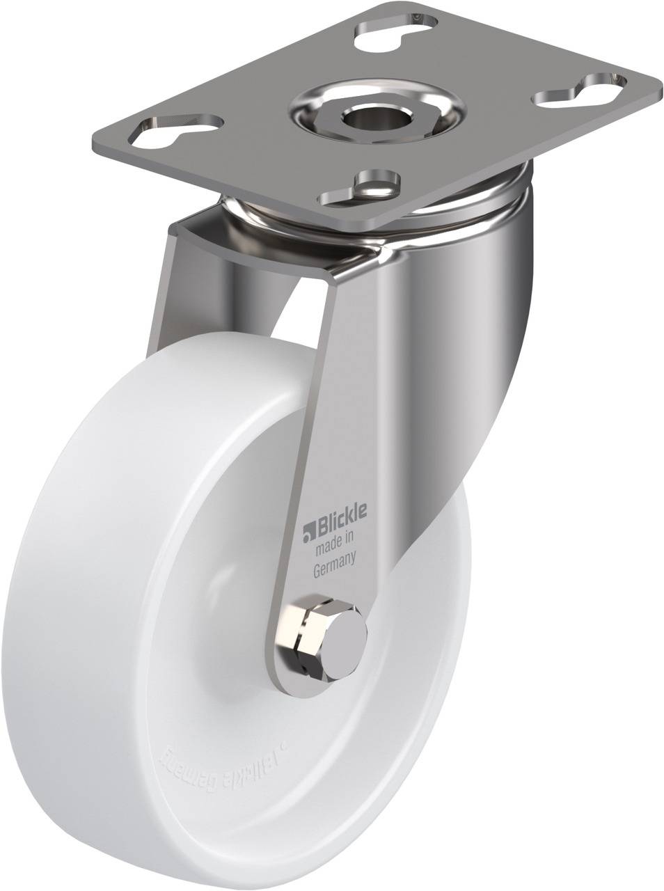 Stahlrollenhalter mit weißem Kunststoffrad und Befestigungsplatte. Markennamen 'Blickle' und 'Made in Germany' sichtbar.