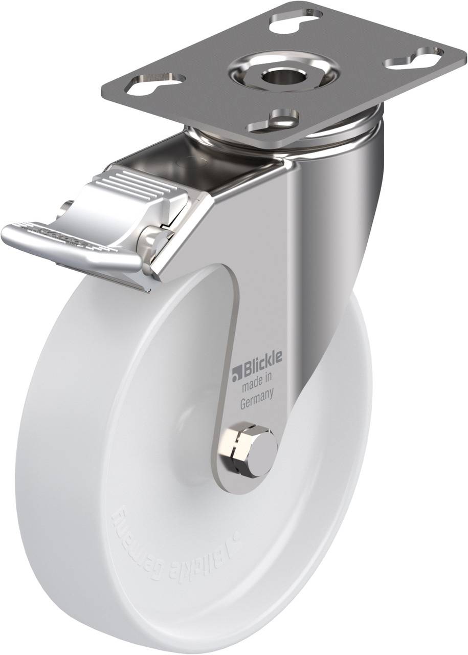 Schwenkrolle aus Edelstahl mit weißem Rad, oberer Befestigungsplatte und Feststellbremse. Geeignet für Einsatz in industriellen Umgebungen.