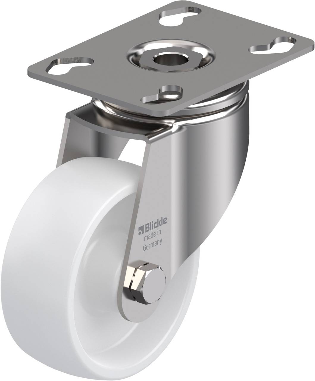 Metallisches Lenkrolle mit weißem Rad, rechteckiger Montageplatte und vier Löchern zur Befestigung. Hergestellt in Deutschland.