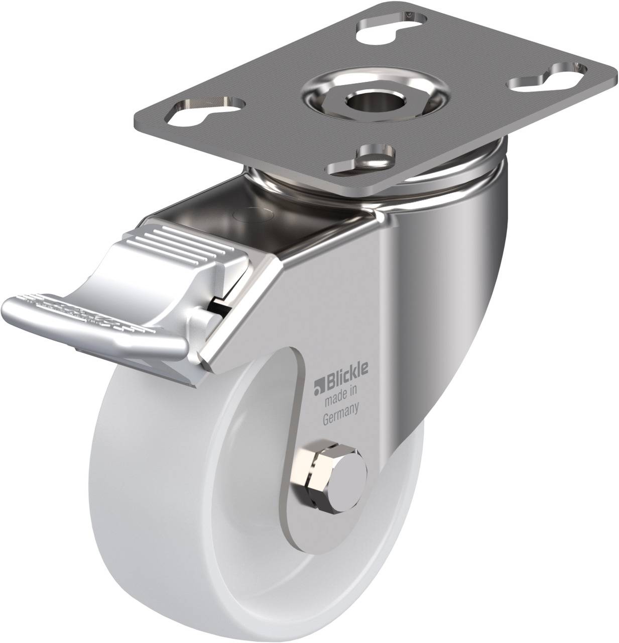 Rollenlager aus Metall mit grauem Rad und Bremse, hergestellt von 'Blickle' in Deutschland.